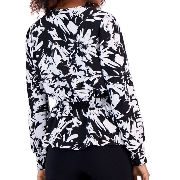 Alfani Petite XL White & Black Printed Smocked Blouson Long-Sleeve Top NWT - Picture 2 of 6